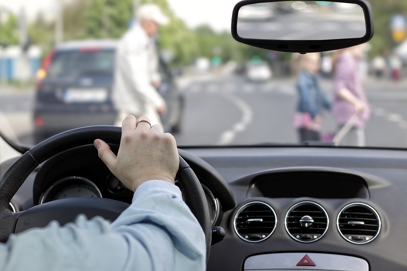 The driver and a pedestrian at a crosswalk