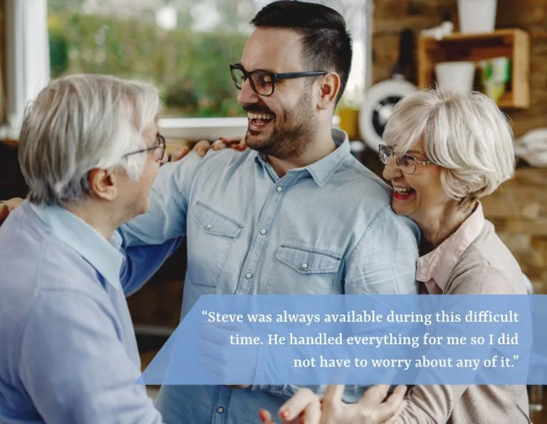 Young man smiling with elder parents.